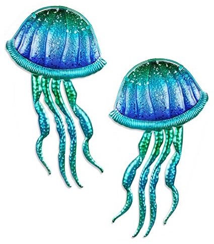Liffy Metall-Quallen-Wanddekoration – Ozean tropische Fische Wandkunst – Glas und Metall Fisch Wanddekoration für Pool, Strand, Badezimmer, Wohnzimmer, Schlafzimmer – 38,1 cm, 2 Stück