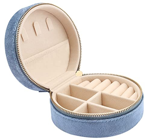 Casiwaft Kleines Reise Schmuckkästchen Samt, Kleine Schmuckkästchen Organizer für Mädchen Frauen, Mini Schmuck Organizer Aufbewahrung für Ringe Ohrringe Halskette Armbänder, Blau