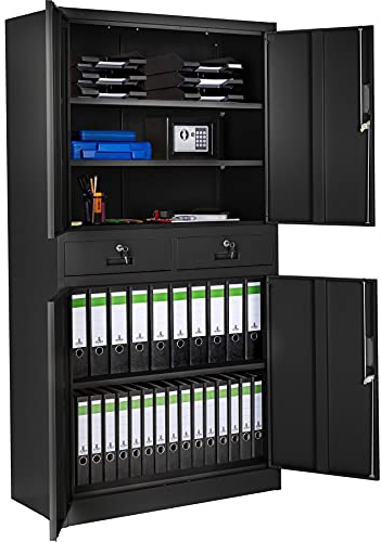 TecTake® Armadio Portadocumenti con 5 Scomparti e 2 Cassetti, Armadio con Ripiani Regolabili, Ante a Battenti Rinforzate, Chiusura con Serratura a Cilindro - Nero/Nero