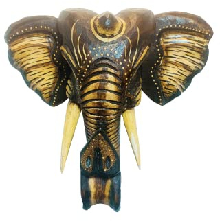 My Family House Elephant Wall Mask - Brown Hanging Wooden Hand Carved Art Fair Trade Hand Painted Animal African Safari Masks Boho Bohemian Style Decor