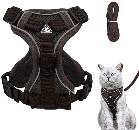 Justerbar kattsele som är säkert att gå sönder, kattsele med koppel, mjuk sele för katt, bröstsele för katter, kattungar, hundar, valpar (brun-L)