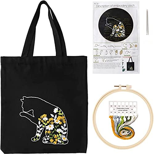 Hapihom Stickset für Anfänger mit Segeltuchtasche, Stickrahmen, Fäden, Nadeln, DIY, schwarze Tragetasche, Handsets mit niedlichem Katzen- und Blumenmuster und Anleitung (evtl. nicht in deutscher