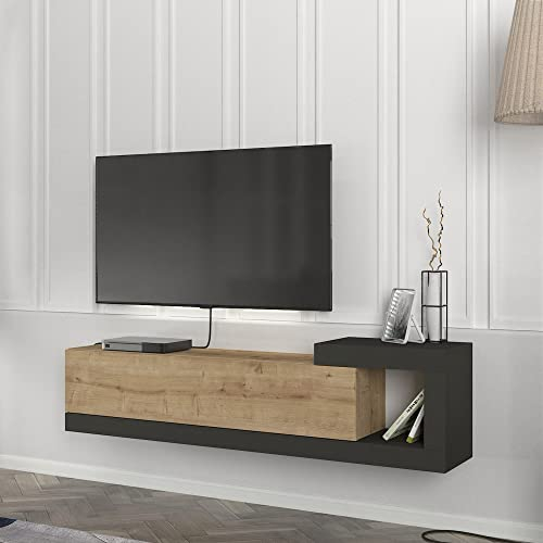 [en.casa] Mobile TV Sospeso 150 x 29,5 x 38,5 cm Mobile Porta TV a Parete Supporto TV a Muro con Anta a Ribalta e Scomparto Laterale Aperto - Effetto Rovere/Antracite