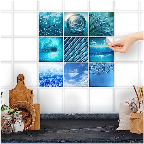 FoLIESEN Fliesenaufkleber für Bad, Küche, Badezimmer - Fliesen-Folie selbstklebend - Deko-Aufkleber Blau - Into The Blue, .:15x15 cm - 9-TLG.