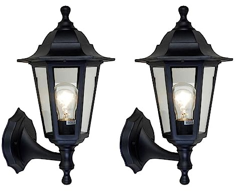 Britalia 2 Pack - Black & Clear Glass Panel Outdoor Vintage Up Coach Lantern Wall Light | IP44 Rated | 36cm Height | 1 x ES E27 Lamp Required | Garden - Patio - Driveway | Polycarbonate Coastal