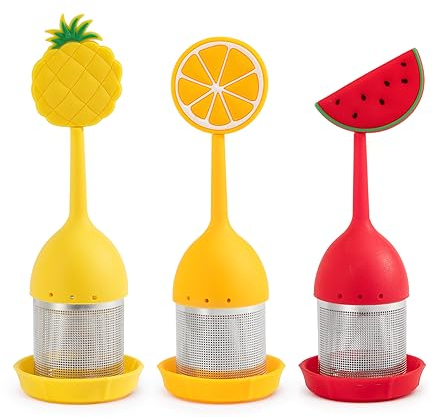 Teesieb Teeei Teefilter für losen Tee 3 Stück mit Teeauflage Silikon Extra Feines Mesh Loser Tee Filter Obst Ananas, Wassermelone, Zitrone