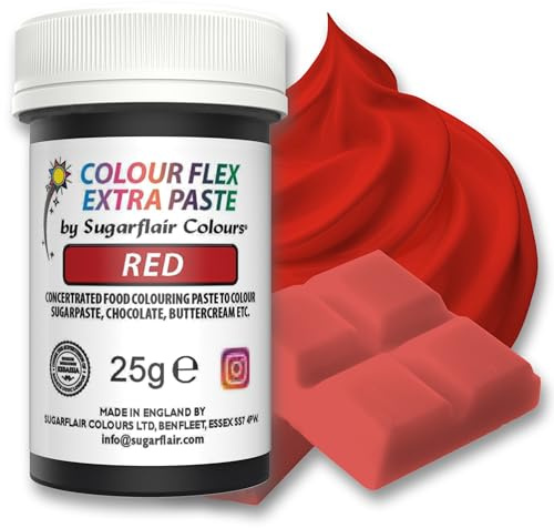 Sugarflair Colourflex Extra Paste Lebensmittelfarbe Paste, Red, 25 g | Extra Konzentrierte Lebensmittelfarbe für Buttercreme, Schokolade, Zuckerpaste, Zuckerguss, Fondant, Kuchenmischungen, Teig