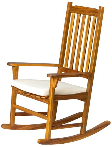 Panana Acacia Wood Rocking Chair Outdoor Porch Rocker with Cushion Wooden Armchair for Patio, Garden, Balcony, Backyard, Living Room