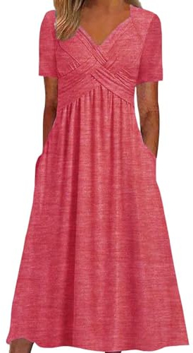 DeaAmyGline Sommerkleid Damen Lang Maxikleid V-Ausschnitt Tunika Kleid Sommer Strandkleid Elegant Kurzarm Lange Kleider mit Taschen Plissee Einfarbig Freizeitkleid Blusenkleid Midikleid für Fauen