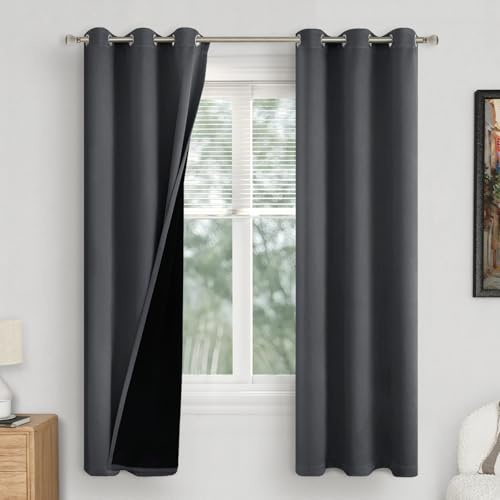 QUEMAS Dark Grey Blackout Curtains 72 Inch Length 2 Panels Set for Living Room, Thermal Insulated 100% Light Blocking Soundproof Grommet Window Curtains for Bedroom with Black Liner, Each 42 Inch Wide