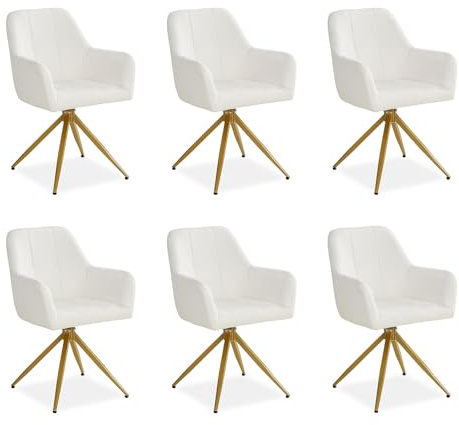 Homestyle4u 6er Set Esszimmerstühle Beige - Bouclé Polsterstühle Gold | Drehbare Esszimmerstuhl Garnitur mit Armlehne, Stoffbezug Creme, Metallfüße in Gold, gemütlicher Loungesessel für die Küche