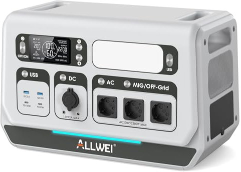 ALLWEI Balkonkraftwerk mit Speicher, 2048Wh LiFePO4 Powerstation Grid All-in-one Gerät, 2200W Ausgang, Eingebauter 800W micro Wechselrichter, App-Steuerung, Installation in 1 Min, Plug&Play