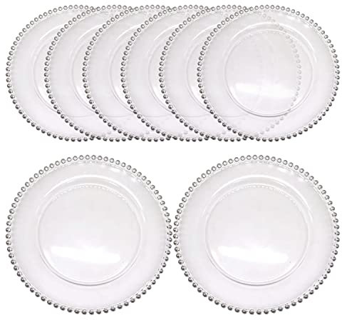 WedDecor Stylish Clear 12pcs Charger Plates with Silver Beaded Rim – Acrylic Charger Plates for Weddings, Parties, Kitchen Décor, and Tabletop Styling, Affordable Bulk Option