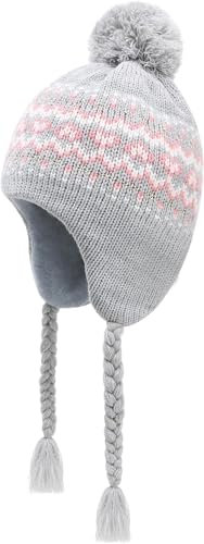 JANGANNSA Vinter Peruvian hatt öronlappar fleece fodrad pompon stickad mössa för 6–10T baby flickor, Grå-rosa, 6-10 år