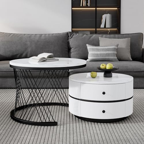 BTM Lot de 2 Tables Basses, Table Basse Aspect Faux Marbre avec Cadre en Méta, Table Basse Gigognes Ronde avec 2 Tiroirs, 60X60X46cm et 50x50x30.8cm, Chargde 30kg, Blanc et Noir