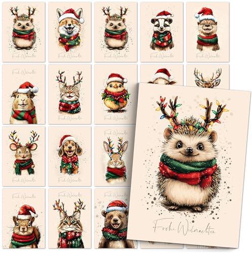 beriluDesign Weihnachtskarten Set (20 Stück) Postkarten - niedliche Tiere - Weihnachtspostkarten für Weihnachten, Grußkarten, Geschenkkarten