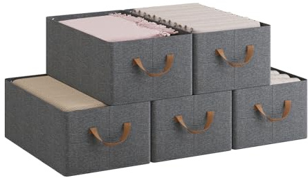WOLTU Aufbewahrungsbox 5 Stück, mit Griffen, faltbar, Grau, 47x20x28 cm | aus Polyesterstoff, für Schlafzimmer, Arbeitszimmer, Wohnzimmer, für Kleidung Spielzeug, Organizer Box mit Griffen, faltbar,