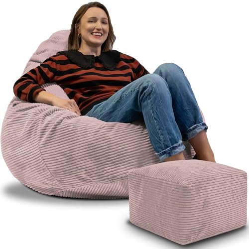 DreamRoots Sitzsack Erwachsene Cord oder Kinder - Bean Bag Sofa - Sitzsack Cord mit Hocker und Bezug - Sitzsäcke mit Füllung 90x90x100 cm Silver Pink