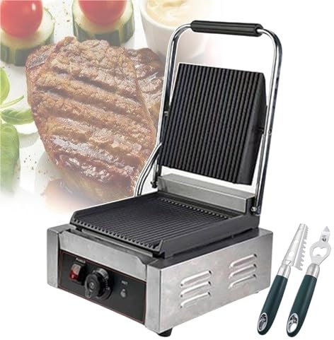 CAFIEDR Sandwich Press Grill & Sandwich Makers & Bread Presses for Commercial, Non-stick Electric Griddle with Movable Bracket, Fixable Press Plate From Multiple Angles 50-300℃,groo/smoo (Grooved)