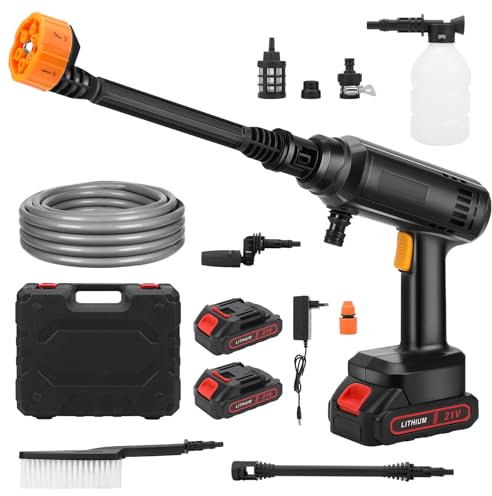 WingFly Idropulitrice a Batteria Portatile, Idropulitrici Professionale con 2 Batteria e Accessori Per Pulizie Esterni Giardino Auto, Tubo da 5 Metri (Nero)