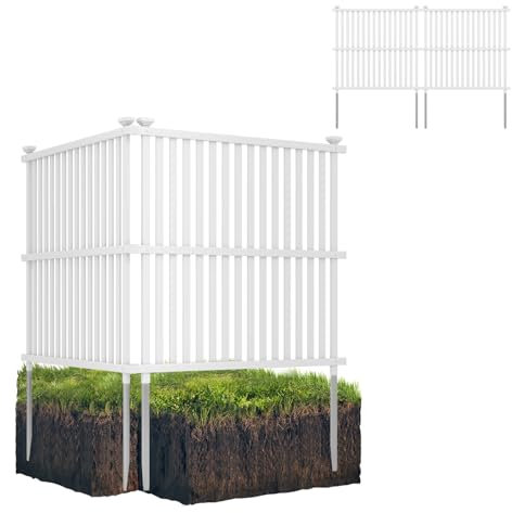 HOMASIS Recinzione Giardino Esterno con Picchetti in Metallo, Pannelli di Recinzione Antiruggine, Staccionata Metallica Decorativa per Cani, Cortili, Pattumiere e Piscine, Senza Scavare, Bianco