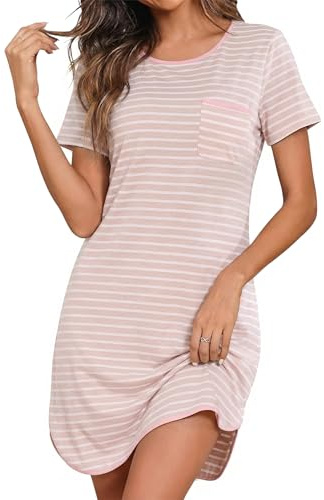 Demegimi Nattlinne damer kortärmad sovskjorta bomull sommar nattkläder rund hals ränder sovskjorta S-XXL, ROSA, S