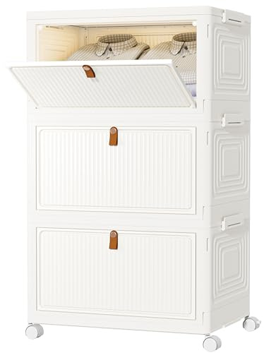 HOMIDEC Wardrobe Storage Organiser with Wheels & Magnetic Doors 33L*3 Tiers | Foldable Stackable Plastic Drawers for Wardrobe/Clothes/Toys, Dustproof Water-resistant Storage Cabinet for Bathroom/Bedroom