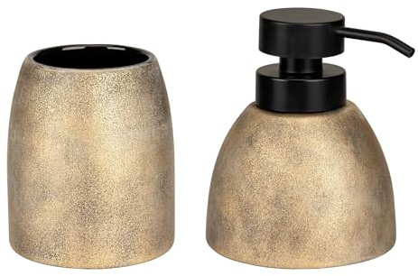 WENKO Seifenspender Mod. Tremea edles Bad-Accessoire Set 2tlg Zahnputzbecher freistehend aus Keramik 0,3l Bronze Schwarz Kunststoff 12x13,5 cm