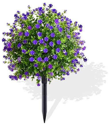 Artificial Boxwood Topiary Ball Set with Ground Spikes,UV-Resistant Faux Greenery Shrubs for Outdoor Lawn/Yard/Garden Decor (B Purple)