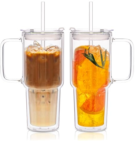 KEMORELA 2er Set 830 ml Doppelwandige Glasbecher mit Griff (28 OZ) mit Deckel und Strohhalm - Isolierglas für Eiskaffee, Matcha, Smoothies - Schwitzfrei, BPA-Frei