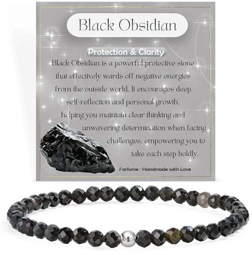 Farfume Winzig 4mm Edelstein Perlen Zierlich Armband für Frauen, Kristall Silber 925 Naturstein Schmuck Elastisch Armbänder Damen, Chakra Spirituelle Charms Armbänder Geschenke (Schwarzer Obsidian)