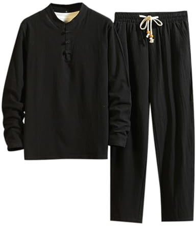 Tuta autunnale da uomo stile cinese tradizionale arti marziali Kung Fu E Tai Chi Uniforme Classico Tangzhuang Manica Lunga Camicia Pantaloni Allenamento Tempo libero Abbigliamento, R nero., XXXL