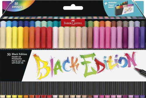 Faber-Castell - Brush Pen Set Black Edition mit 50 Filzstiften | Pinselstifte für Erwachsene zum Ausmalen und Schreiben, Marker mit auswaschbarer Tinte