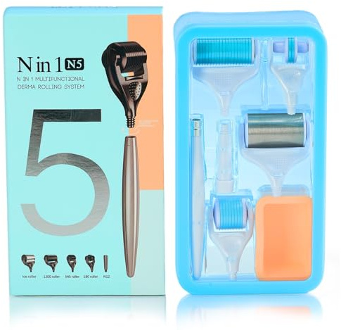 P-Beauty 5 in 1 Dermaroller Set 1mm mit Titan-Nadeln - professioneller Microneedling Roller für Gesicht, Körper & Haare - für Falten, Narben, Cellulite, Haarwachstum, Anti-Aging & Glow - Bartroller