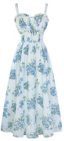 SCARLET DARKNESS Abito estivo da donna, casual, linea ad A, senza maniche, con spalline sottili, floreale, per la spiaggia, Motivo floreale azzurro., S