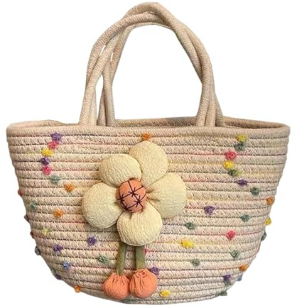 YGCHEN Bolso Bandolera de Paja con Flores, Bolso de Playa Tejido Bohemio para Niñas y Niños, Bolsa Ligera de Verano para Vacaciones, Viaje, Playa y Piscina (Beige)