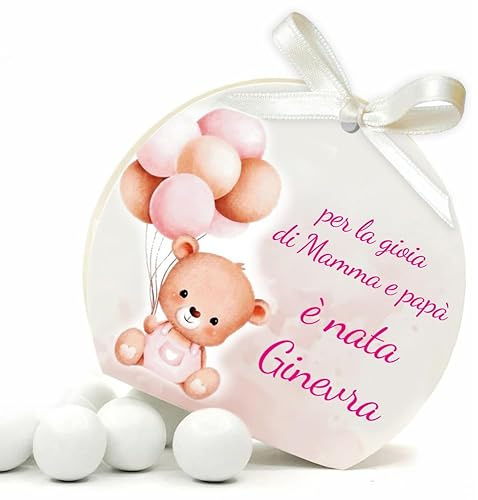 Mr Pubblicita - 30 Scatoline Portaconfetti + 30 Nastrini - STAMPA INCLUSA - Bomboniere Battesimo Nascita Primo Compleanno Baby Shower - Scatole sacchetti Personalizzate, (Orsetto ballon Girl)