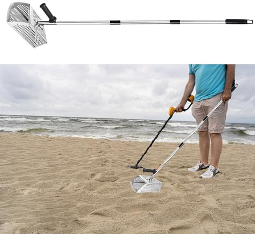 Rastrillo tamizador de Arena, Pala recogedora de Arena de Playa y Detector de Metales 2 en 1, Pala portátil de Mango Largo para Recoger Cebo de Pesca y Conchas Marinas, Ideal para Buscar con