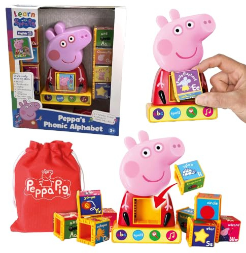 Peppa Pig Phonic Alphabet - Kids Spelling ABC Blocks Cube Set | Aesthetic Interactive Letters Sound Cubes Tray for Toddlers, Preschool Nursery. Educational Birthday Gifts for Children.