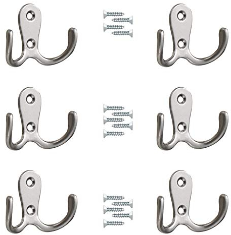 6Pcs Double Prong Robe Hooks Dual Coat Hooks Chrome Coat Hooks Double Door Hooks Wall Mounted Sliver Clothes Hooks Metal Coat Hangers with 24 Screws for Bedroom Bathroom Kitchen Hat Tie Clothes Towel