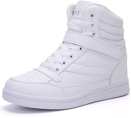 UBFEN Womens High Top Sneakers with Hidden Wedge Heel Ankle Support 2 Inch Height Increase 80s Retro Casual Boots White Size US 7.5