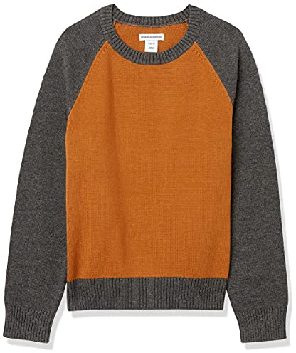 Amazon Essentials Boys' Pullover Crewneck Sweater - Discontinued Colours, Charcoal Heather Light Brown Colour Block, 11-12 Years