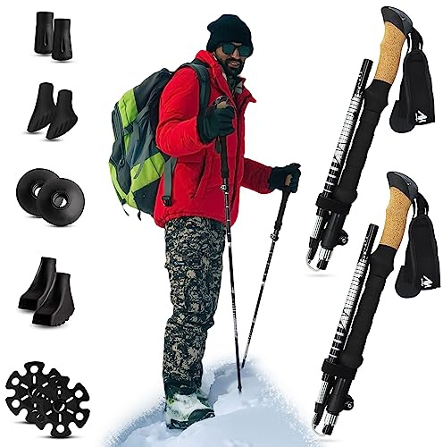 Faltbare Wanderstöcke für Damen und Herren, AYAMAYA Kompakter, faltbarer Gehstock, Aluminium 7075, leicht, verstellbar, Trekkingstöcke, Schnellverschluss mit Korkgriff, Zubehör, Outdoor-Geschenke