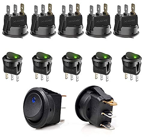 20 Stück Kippschalter 12v 20A Runde Schalter Wippschalter Button mit 4 Farbe LED Dot beleuchtet 5 Rot + 5 Grün + 5 Blau + 5 Gelb