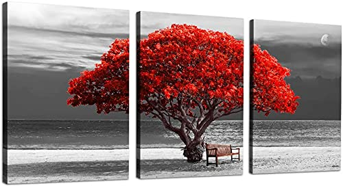 hyidecorart Leinwandbilder 40x58 cm 3er Set Wohnzimmer, Modern Rot Baum des Lebens Wandbilder Set mit Rahmen Schlafzimmer, Natur Schwarz und Weiß Kunstdruck Wanddeko Flur küche Büro Villa Badezimmer