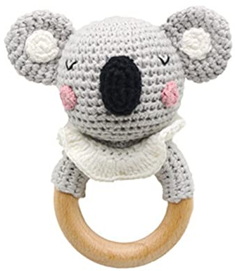 SWECOMZE Holzspielzeug Baby, Baby Rassel Spielzeug, Baby Beißring Holz Gehäkelte Greifling, Handmade Babyrassel Holzspielzeug, Geschenke zur Geburt für mädchen und Junge (Koala,#1)