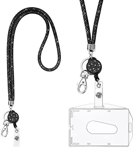 Vicloon Porta Badge Titulares con Cristal Cordon, Transparentes Portatarjetas de Identificación con Cristal Lanyard y Llavero Retráctil, Portatarjetas Colgante, para Tarjeta Tráfico Escuela-Negro