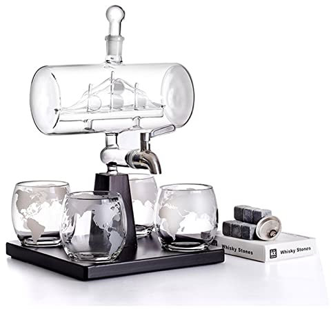 FAMYNGL Glass Whisky Decanter Set Glass Whisky Conteneur Ensemble décanteur Rouge Vin 1 Support 1 Decanter 4 Tasse pour Liqueur à vin Bourbon Dames Bateau Cadeau en Forme de Bateau