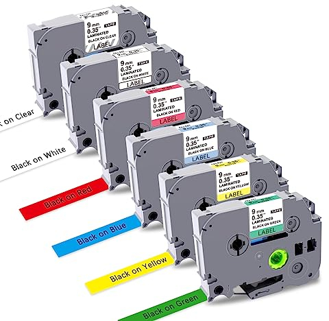 UNOKA TZe-221 Kompatibel für Brother P-touch Bänder 9mm, Tz Tape 9mm 0.35 White Laminated Brother, Schwarz auf Weiß Clear Rot Blau Gelb Grün, für PT-H107B H105 900 D200 D400