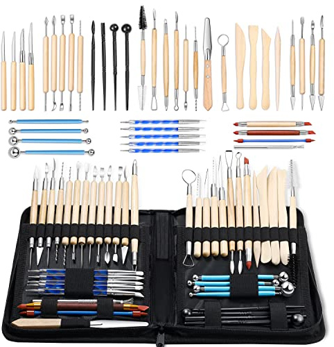 ISSEVE 43 Pieces Ceramic Clay Sculpting Tools Set Double-Sided Ceramic Clay Carving Tools with Carrying Case for Beginners, Professionals, Schools, Students, Pottery, Modeling